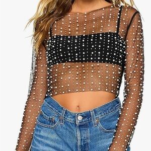 Women See Through Pearl Rhinestone Beaded Crop Top Long Sleeve Sheer Mesh Crop